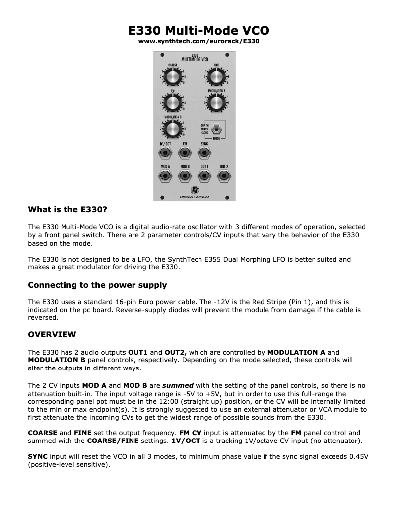 Page n°1 - Manuel utilisateur Synthesis Technology E330 Multimode VCO