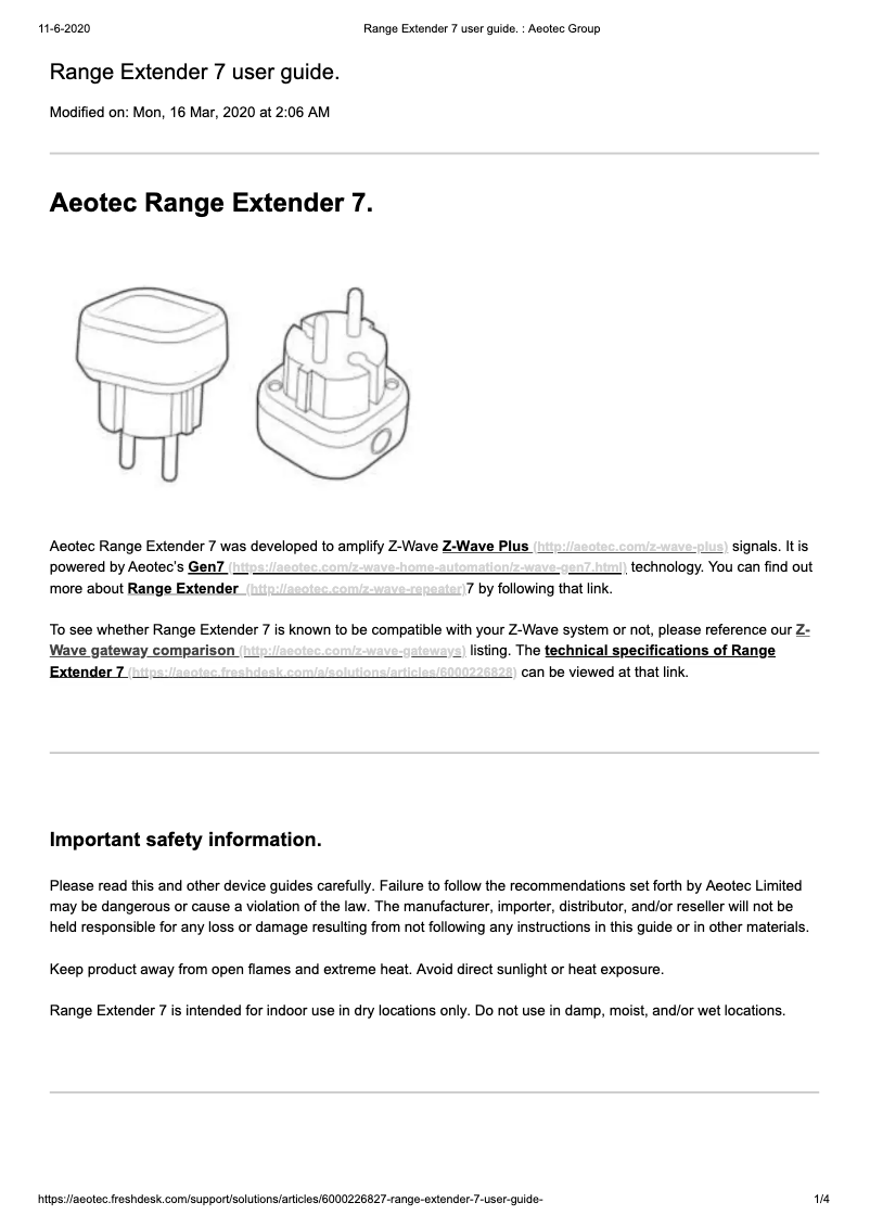 Page n°1 - Manuel utilisateur Aeotec Range Extender 7