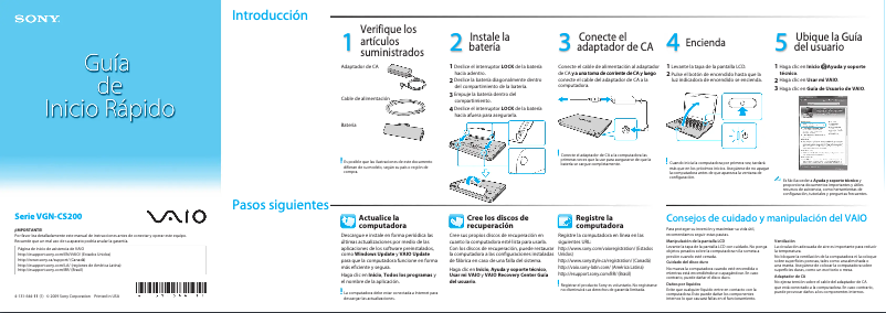Page n°1 - Guide d'installation Sony Vaio VGN-CS290T