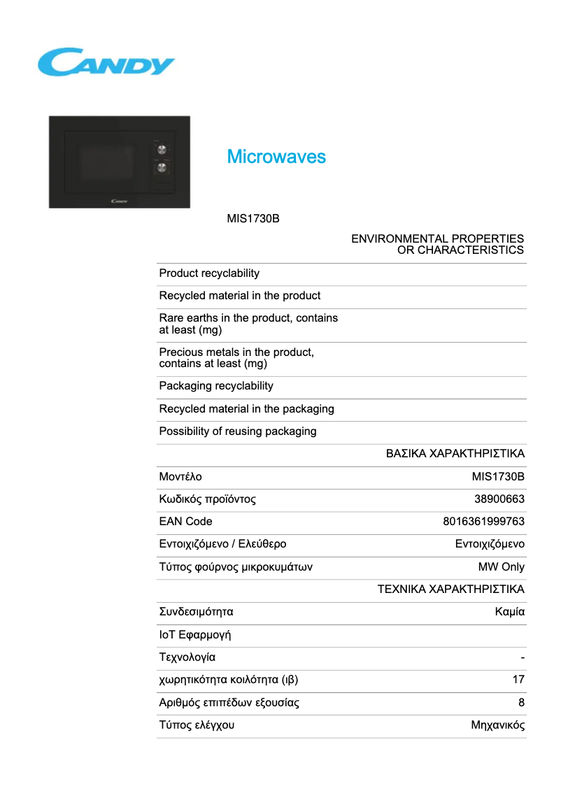 Page 1 de la notice Fiche technique Candy MIS1730B