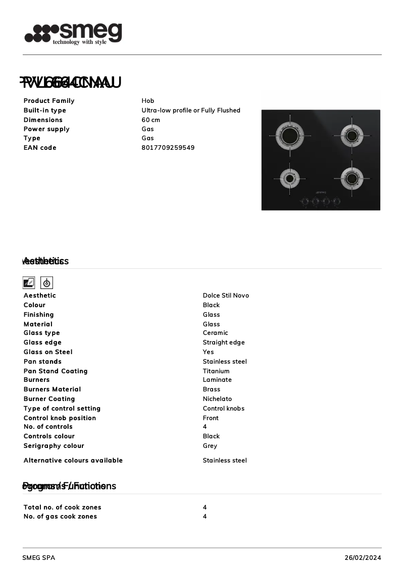 Page 1 de la notice Fiche technique Smeg PVL664CNAU