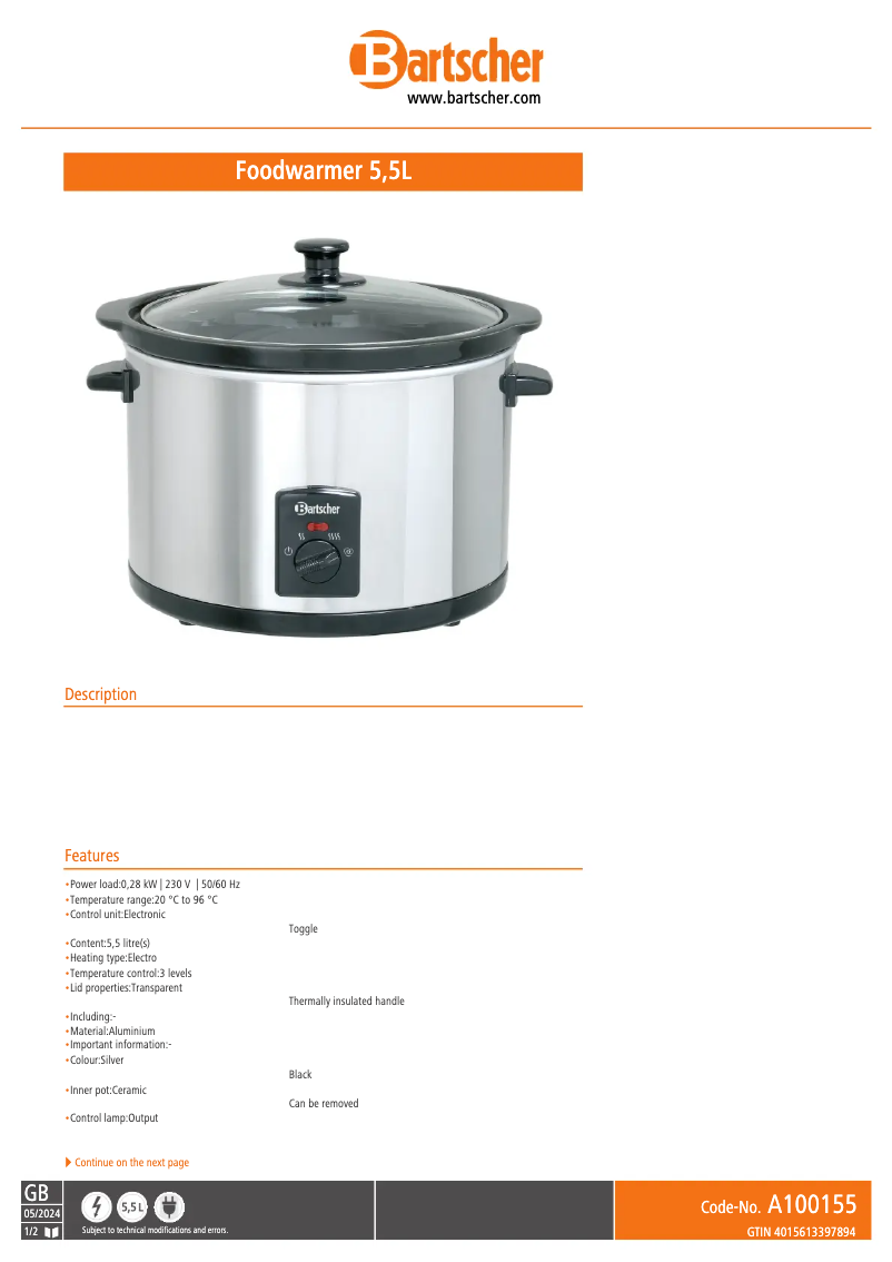Page 1 de la notice Fiche technique Bartscher A100155