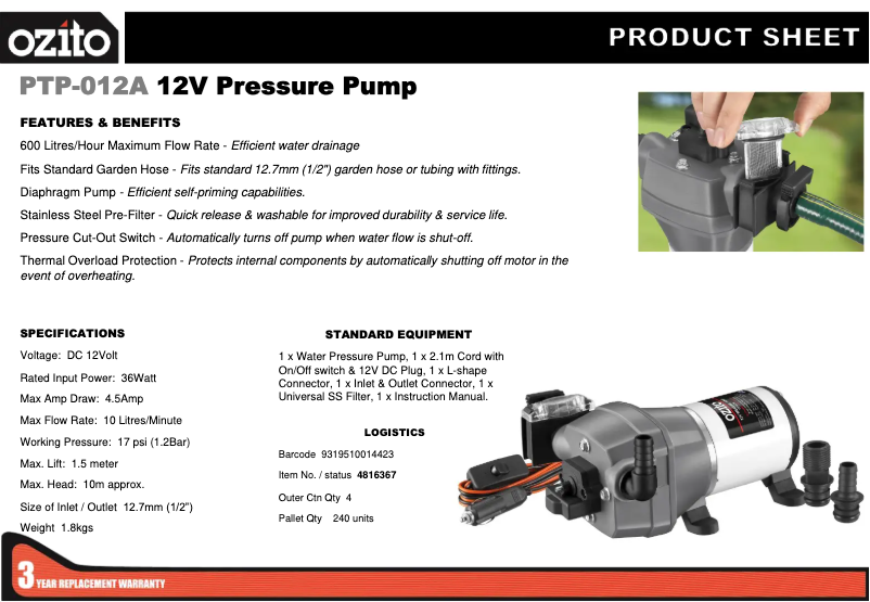 Página 1 del manual Ficha técnica Ozito PTP-012A