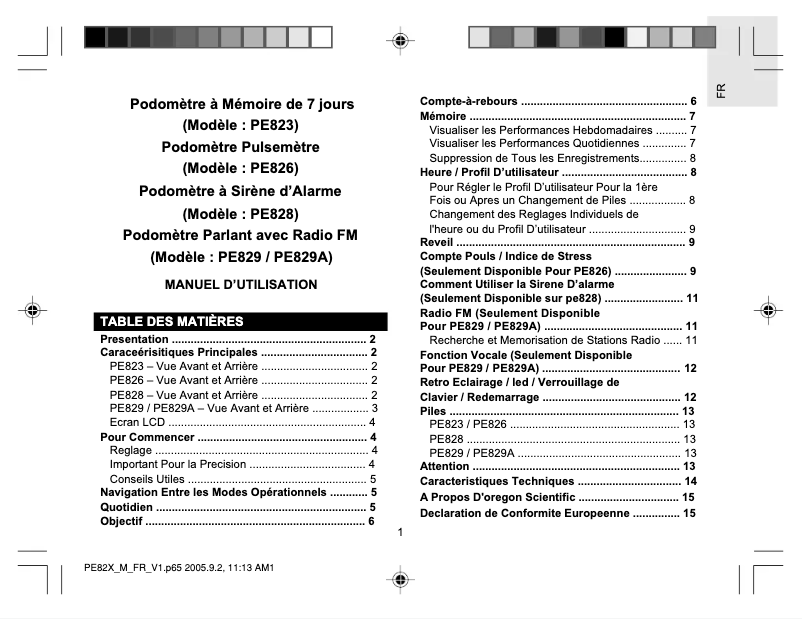 Page 1 de la notice Manuel utilisateur Oregon Scientific PE829A