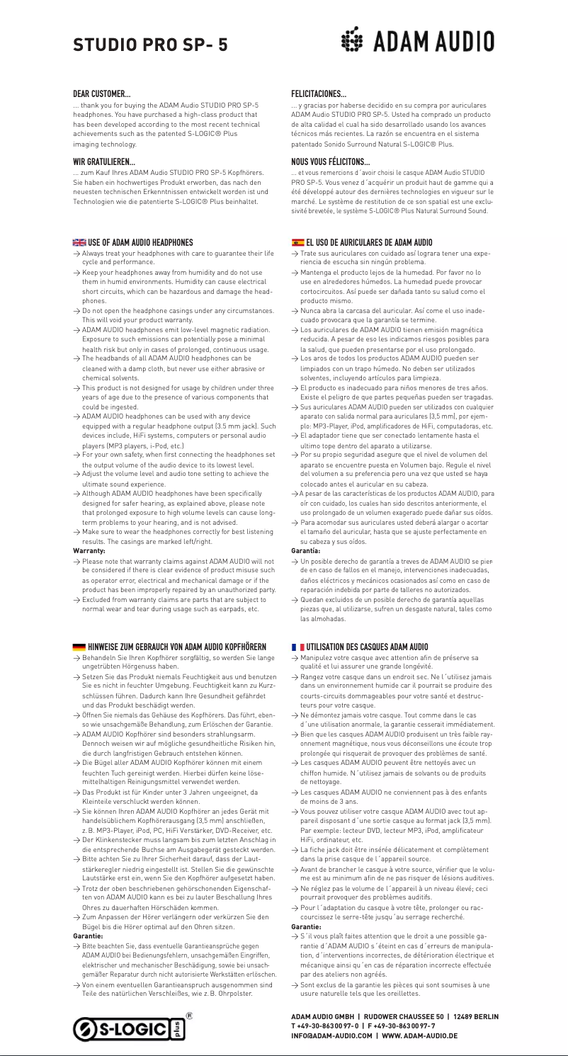 Page 1 de la notice Manuel utilisateur Adam Studio Pro SP-5