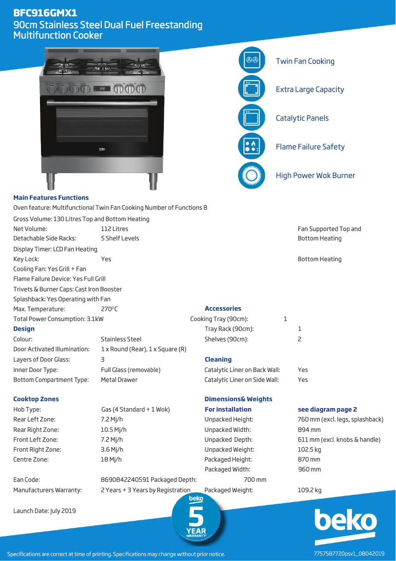 Page n°1 - Fiche technique Beko BFC916GMX1