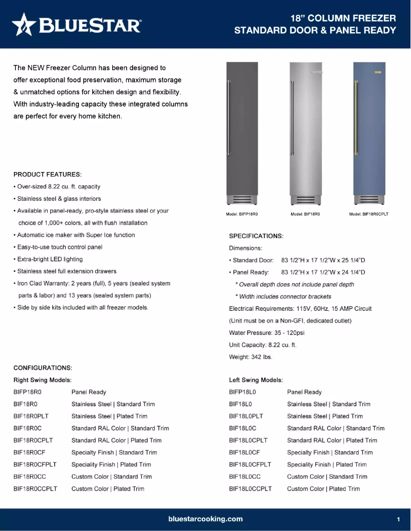 Página 1 del manual Ficha técnica BlueStar BIFP18L0