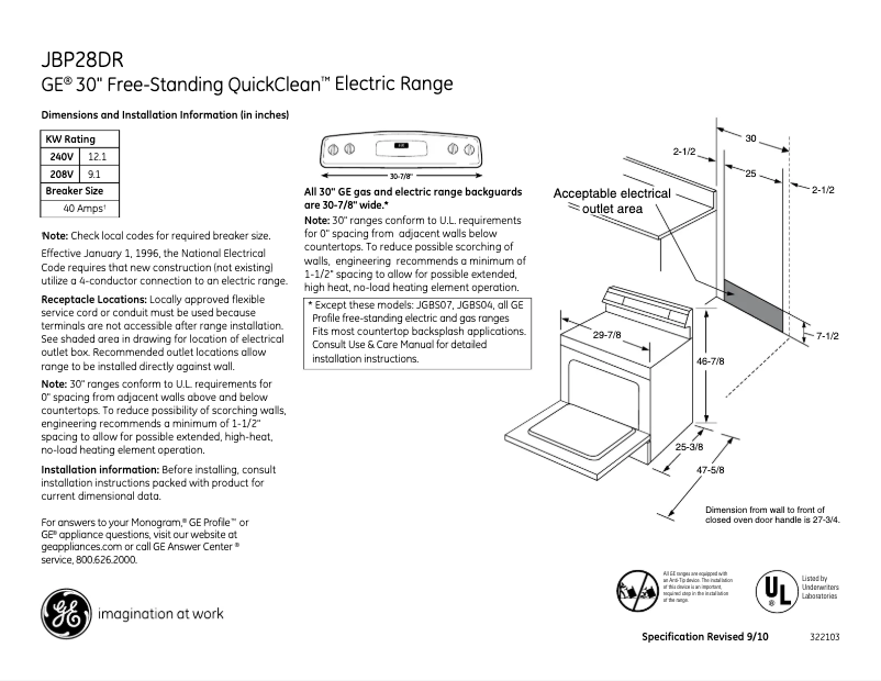 Page n°1 - Fiche technique GE JBP28DRCC