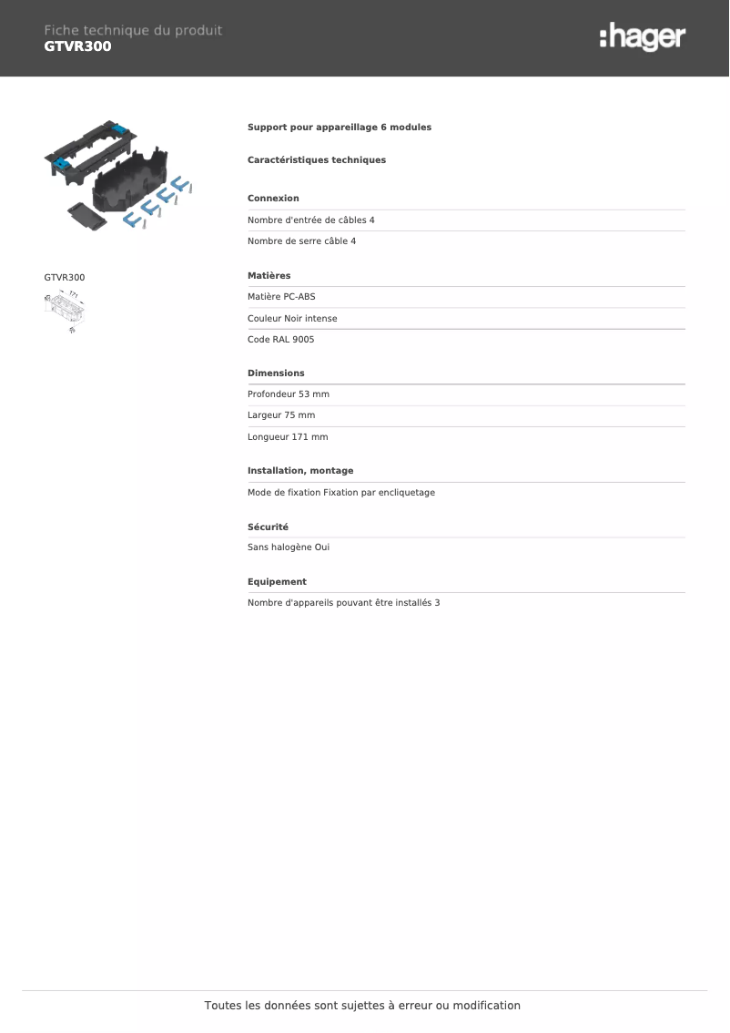 Página 1 del manual Ficha técnica Hager GTVR300