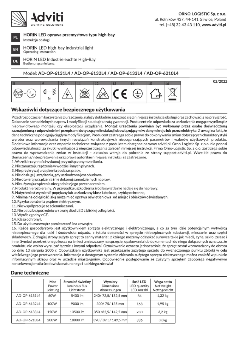 Page 1 de la notice Manuel utilisateur Adviti AD-OP-6131L4