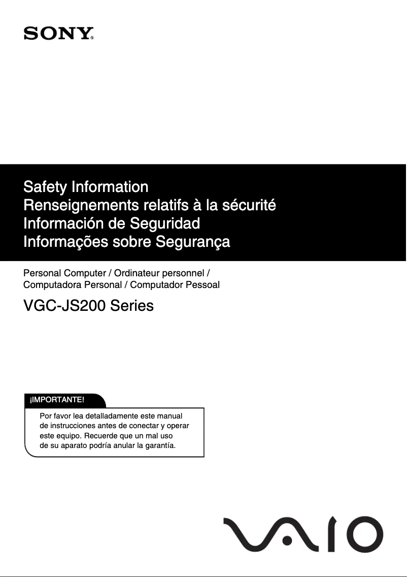 Página 1 del manual Instrucciones de seguridad Sony Vaio VGC-JS230J