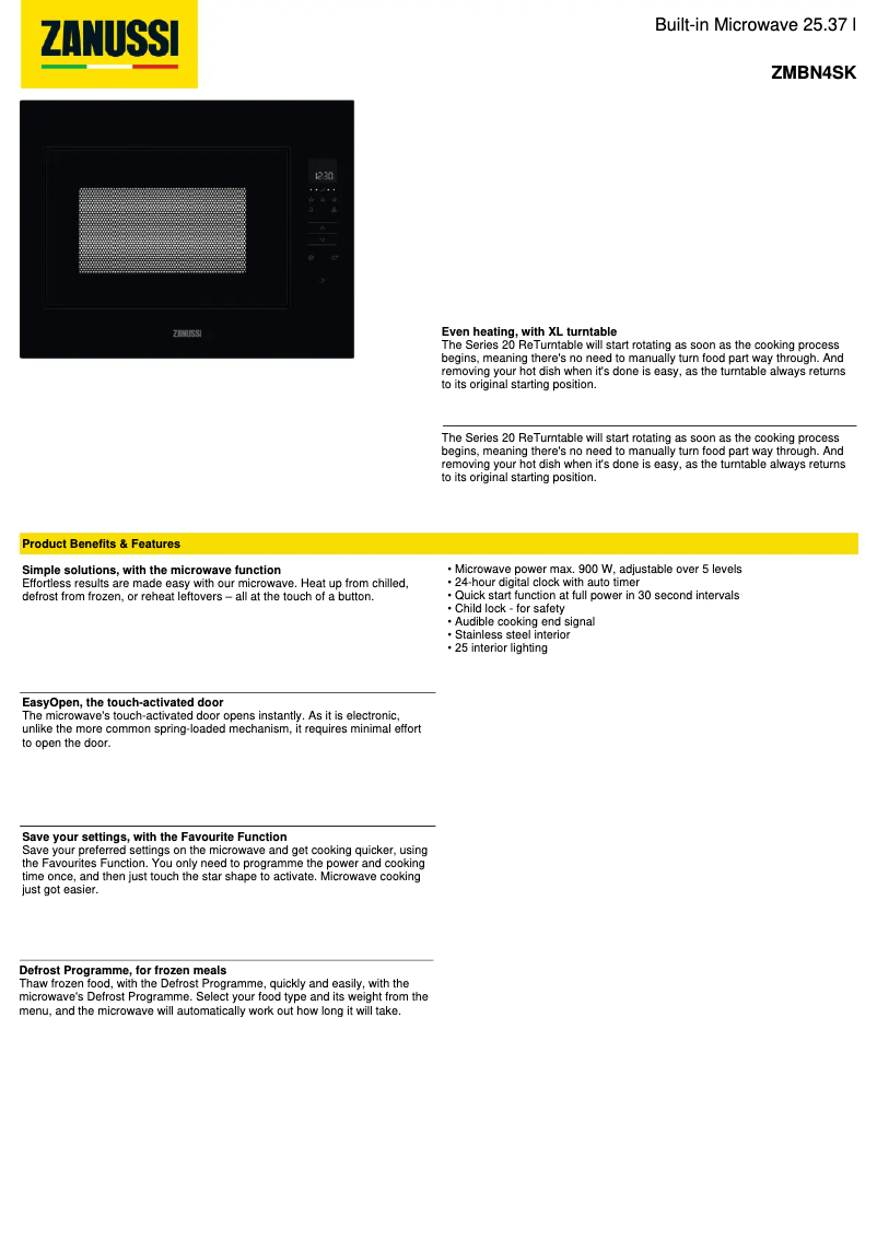 Page 1 de la notice Fiche technique Zanussi ZMBN4SK