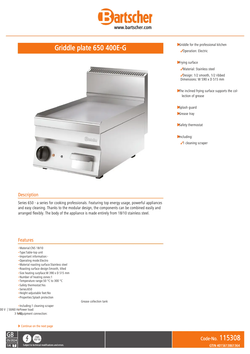 Page n°1 - Fiche technique Bartscher 650 400E-G