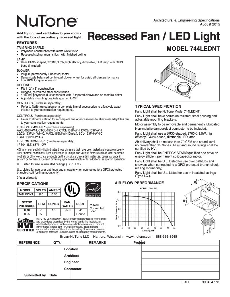 Page n°1 - Fiche technique NuTone 744LEDNT