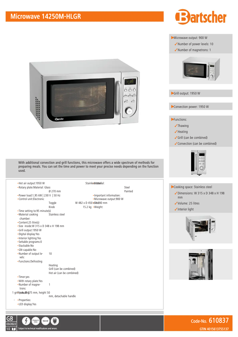 Page 1 de la notice Fiche technique Bartscher 14250M-HLGR