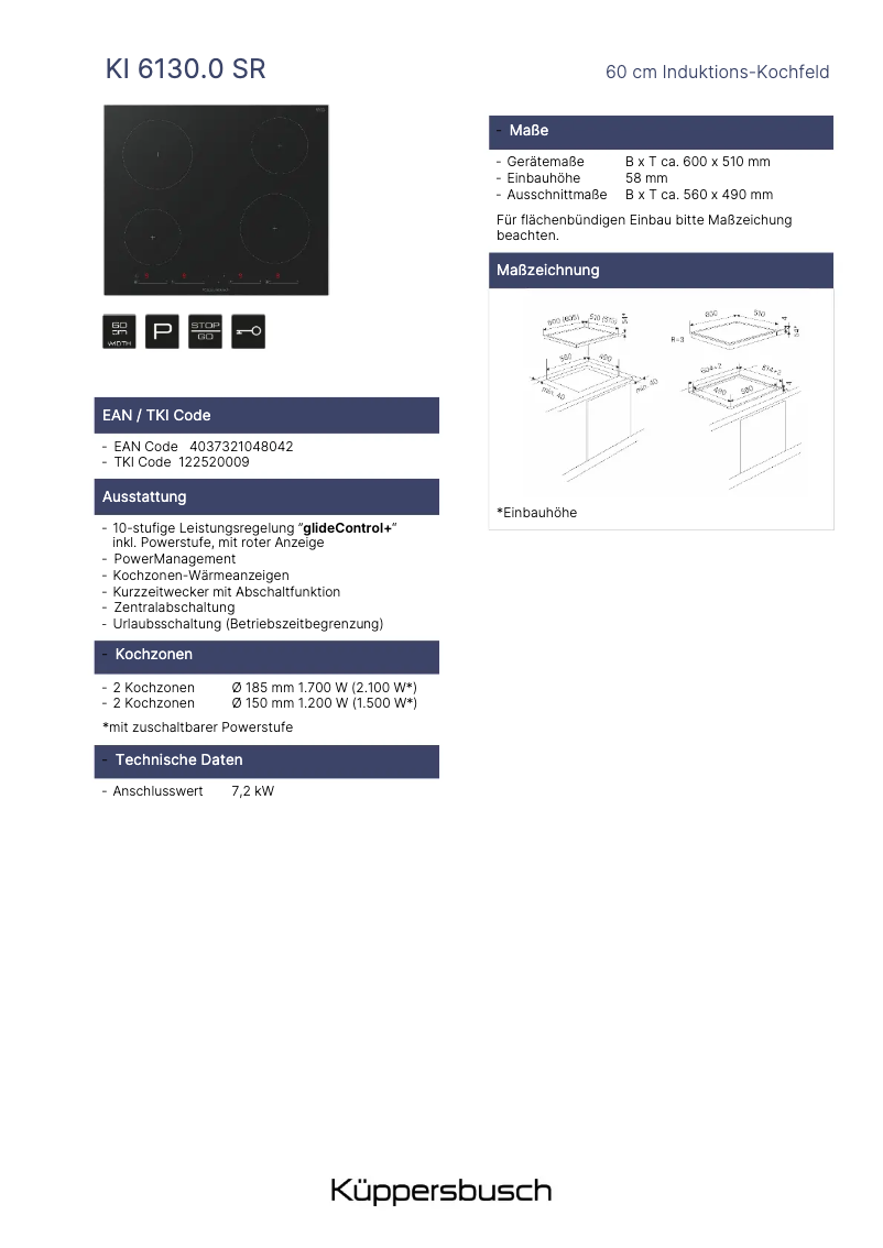 Page 1 de la notice Fiche technique Küppersbusch KI6130.0SR