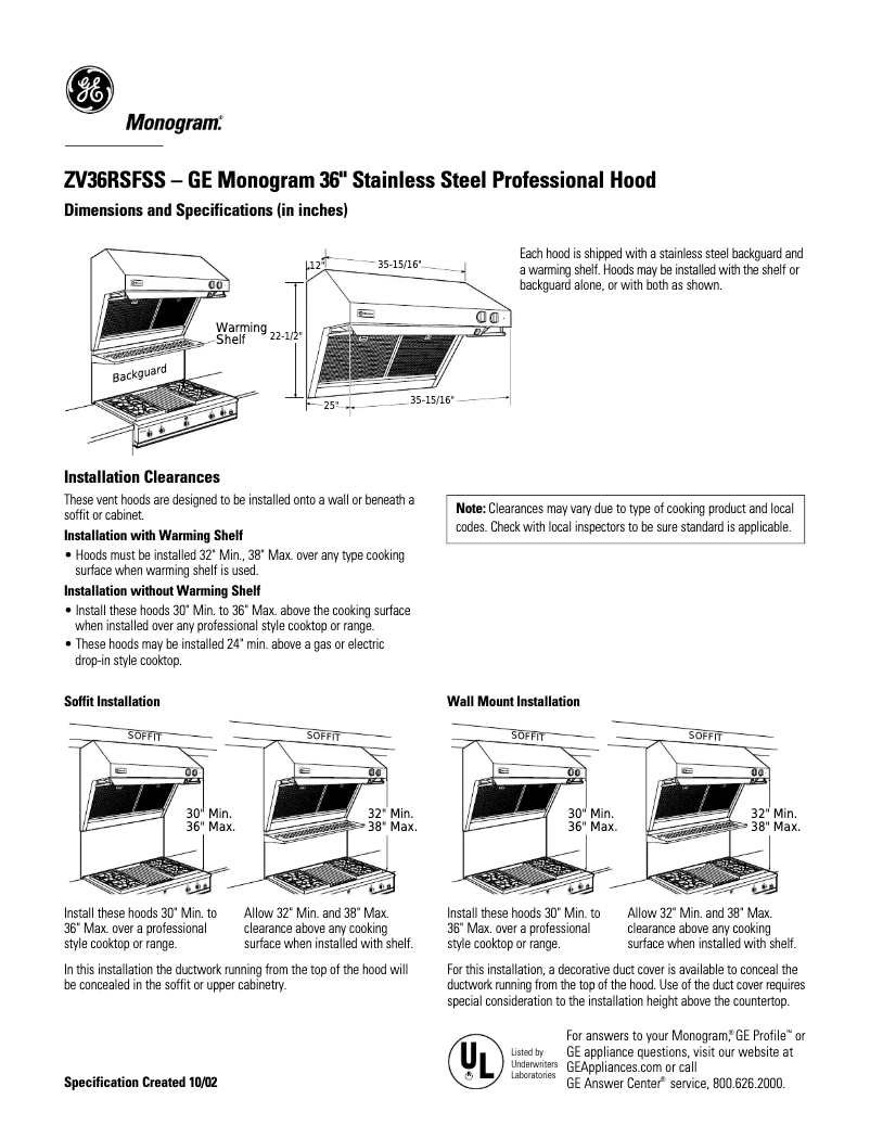 Page n°1 - Fiche technique Monogram ZV36RSFSS