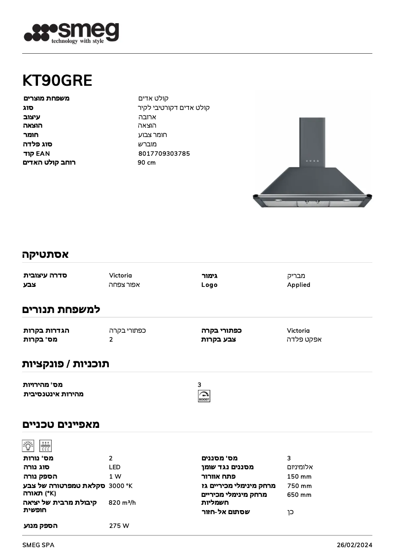 Page n°1 - Fiche technique Smeg KT90GRE