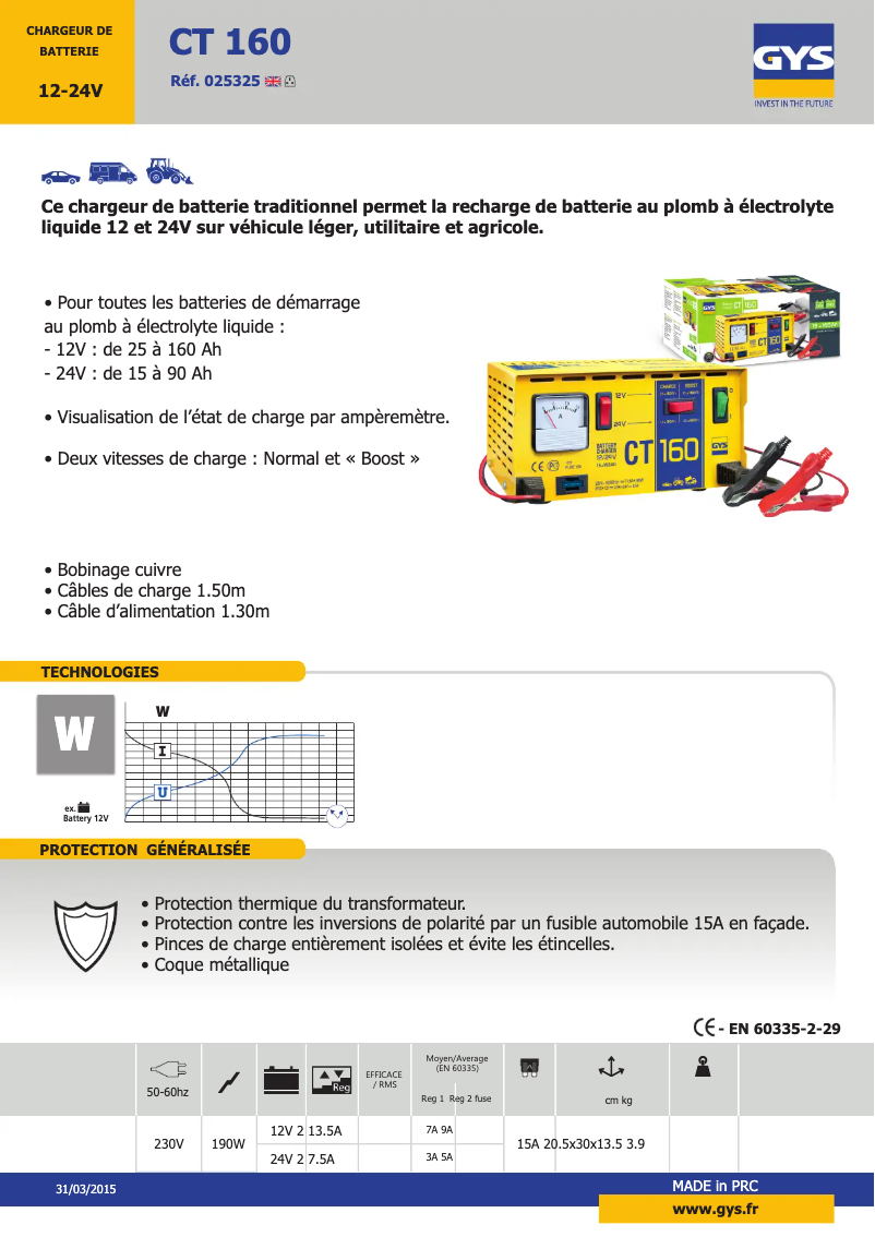 Page 1 de la notice Fiche technique GYS CT 160