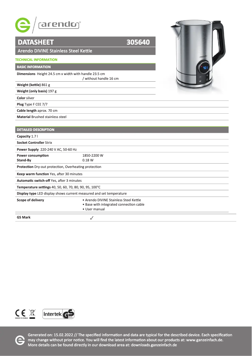 Page 1 de la notice Fiche technique Arendo Divine 305640