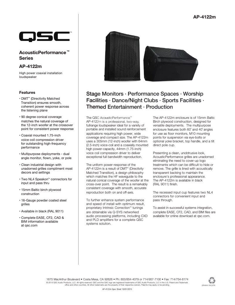 Page 1 of the manual Technical Sheet QSC AcousticPerformance AP-4122m
