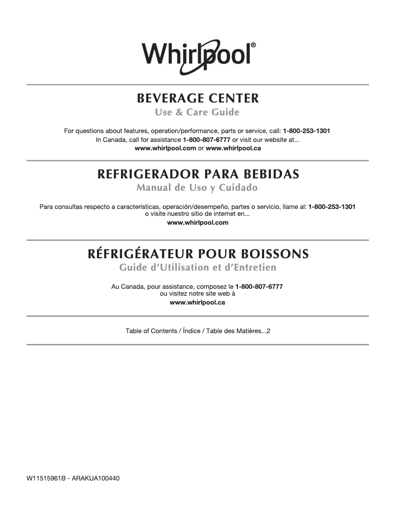 Página 1 del manual Información de garantía Whirlpool WUB35X24HZ