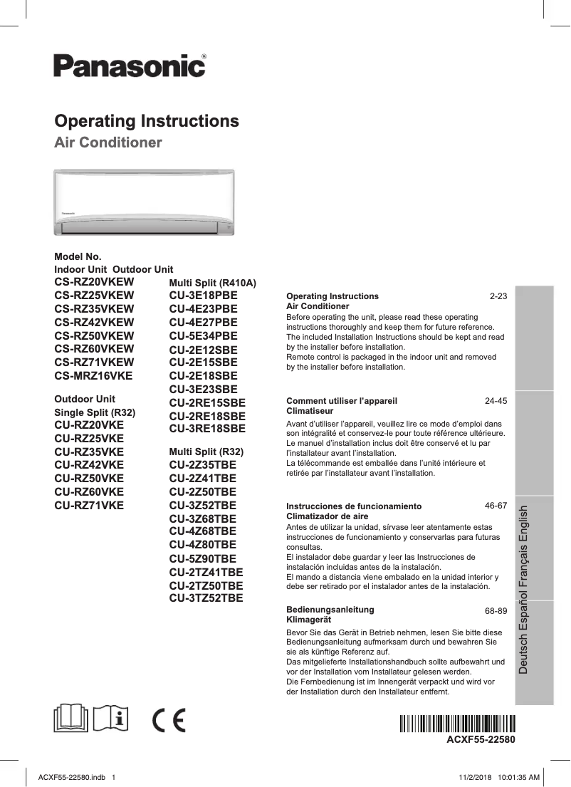 Page 1 de la notice Manuel utilisateur Panasonic CS-RZ20VKEW