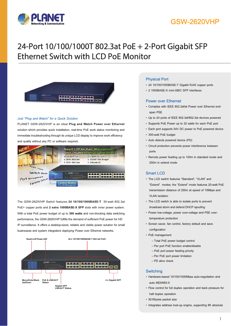 Page 1 de la notice Fiche technique Planet GSW-2620VHP