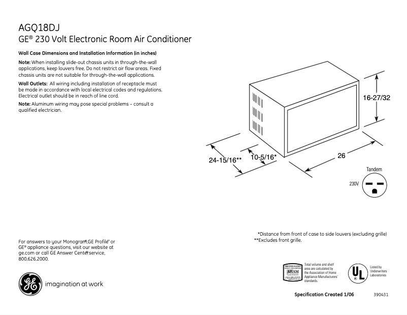 Page 1 de la notice Fiche technique GE AGQ18DJ