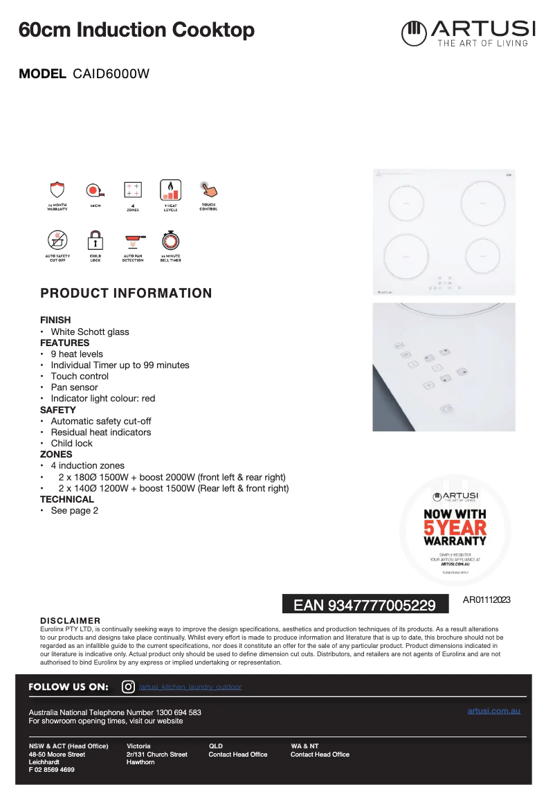 Page 1 de la notice Fiche technique Artusi CAID6000W