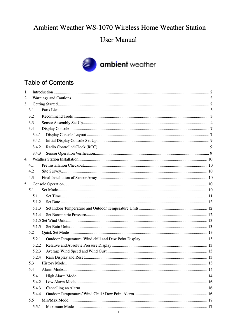 Page n°1 - Manuel utilisateur Ambient Weather WS-1070