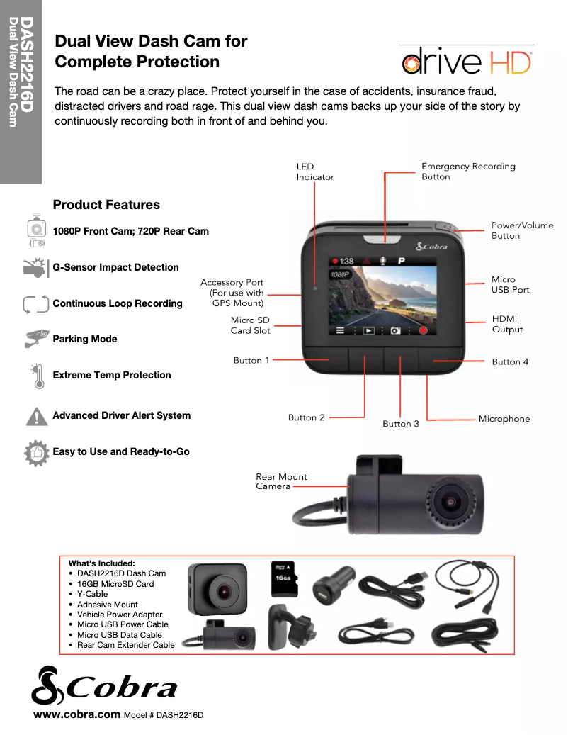 Page 1 de la notice Fiche technique Cobra DASH 2216D