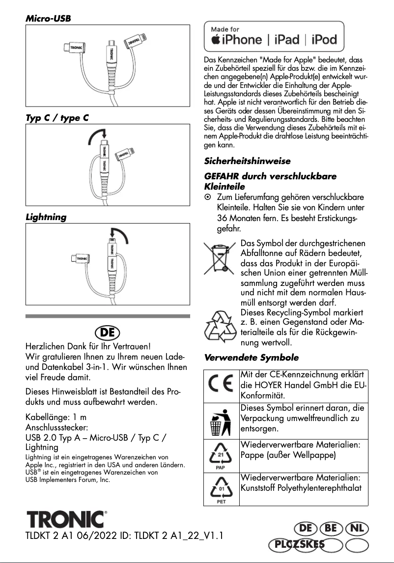 Page 1 de la notice Manuel utilisateur Tronic TLDKT 2 A1