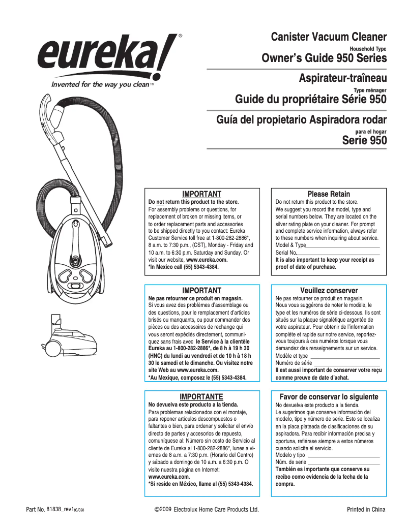 Page 1 de la notice Manuel utilisateur Electrolux Eureka CompleteClean 955A