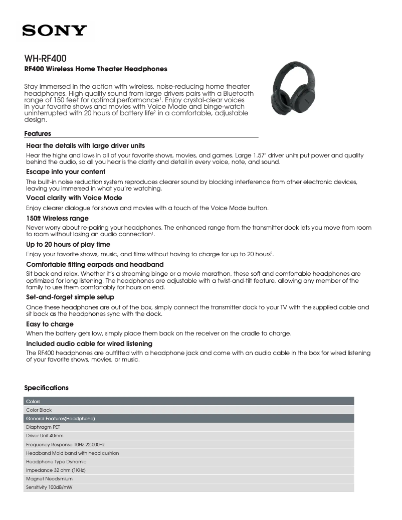 Page 1 de la notice Fiche technique Sony WH-RF400