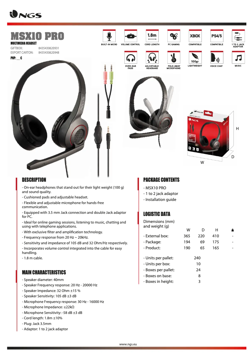 Page n°1 - Fiche technique NGS MSX10 PRO