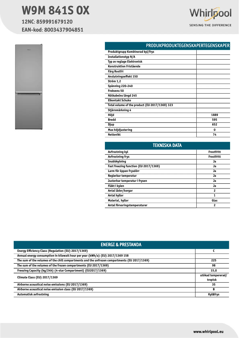 Page n°1 - Fiche technique Whirlpool W9M 841S OX
