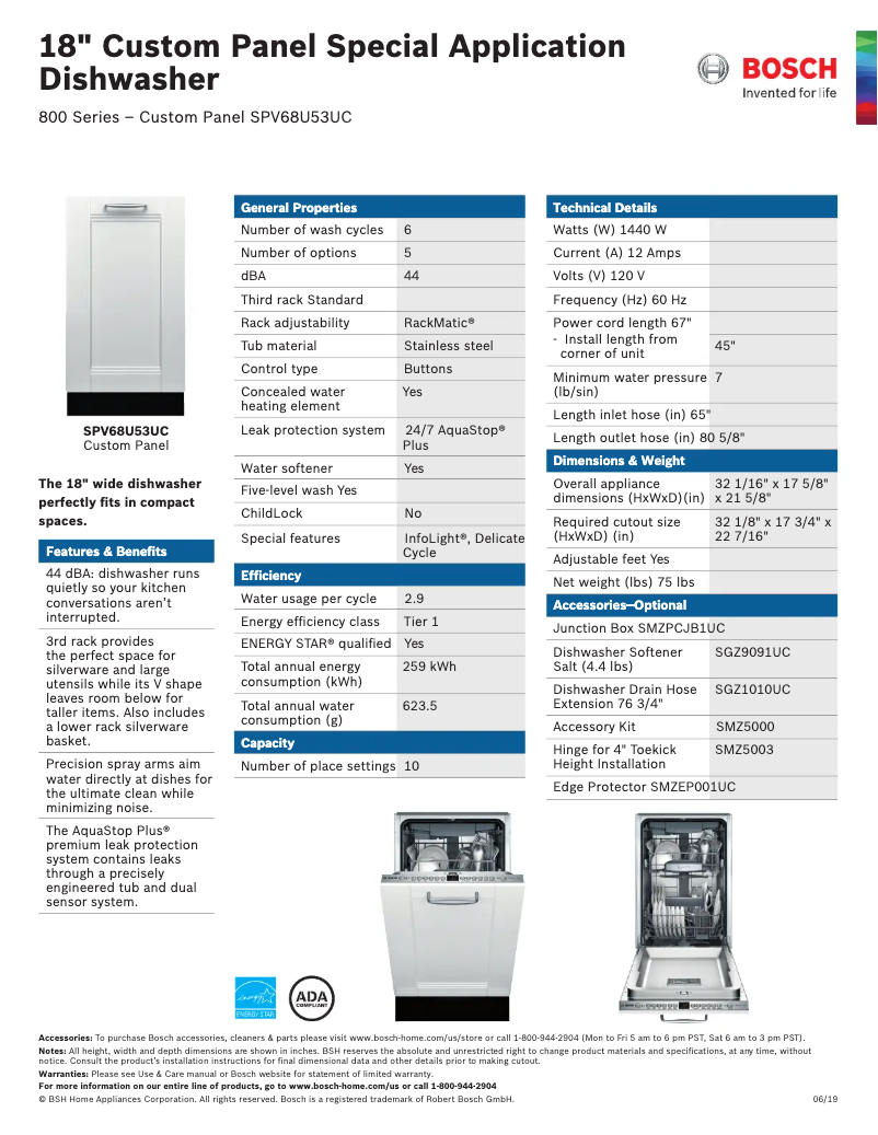 Page 1 de la notice Fiche technique Bosch SPV68U53UC