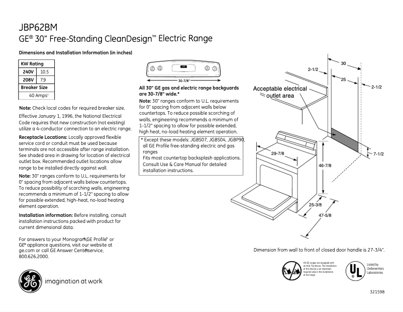 Página 1 del manual Ficha técnica GE JBP62BMWH