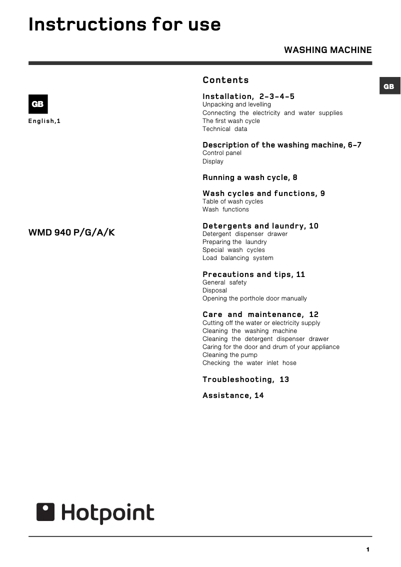 Page 1 de la notice Manuel utilisateur Hotpoint WMD 960 A