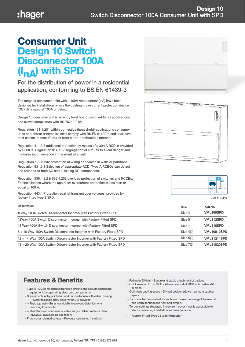 Page n°1 - Fiche technique Hager VML11214SPD