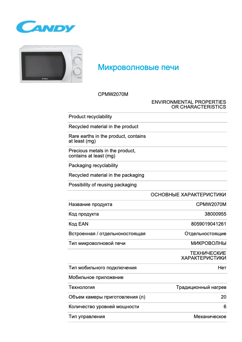 Page 1 de la notice Manuel utilisateur Candy CPMW2070M