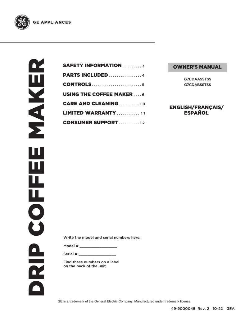 Page 1 of the manual User Manual GE G7CDABSSTSS
