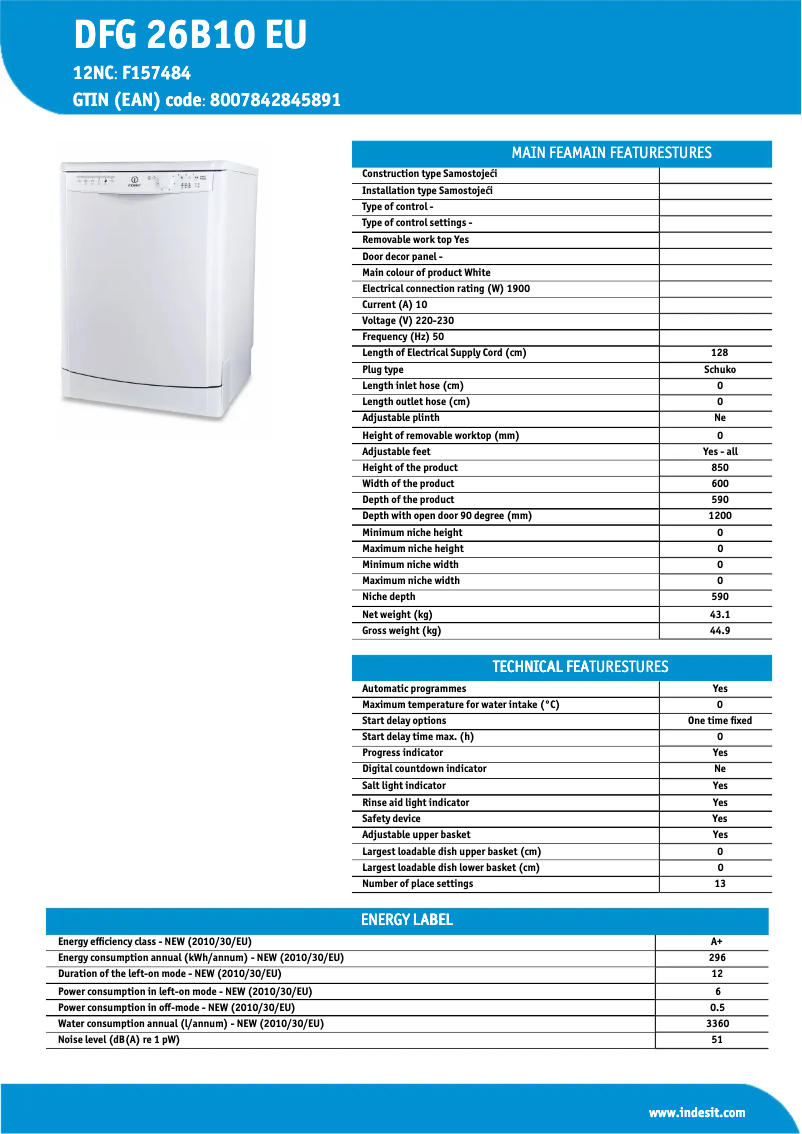 Page 1 de la notice Fiche technique Indesit DFG 26B10 EU