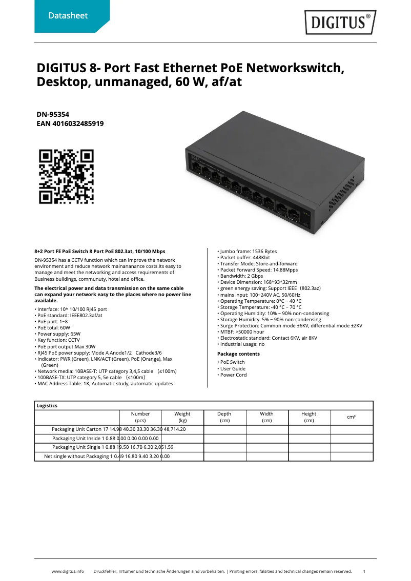 Page 1 de la notice Fiche technique Digitus DN-95354