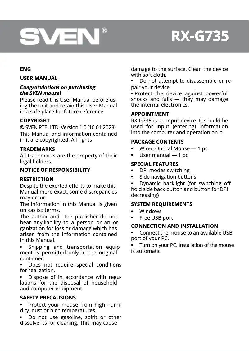 Page 1 de la notice Manuel utilisateur Sven RX-G735