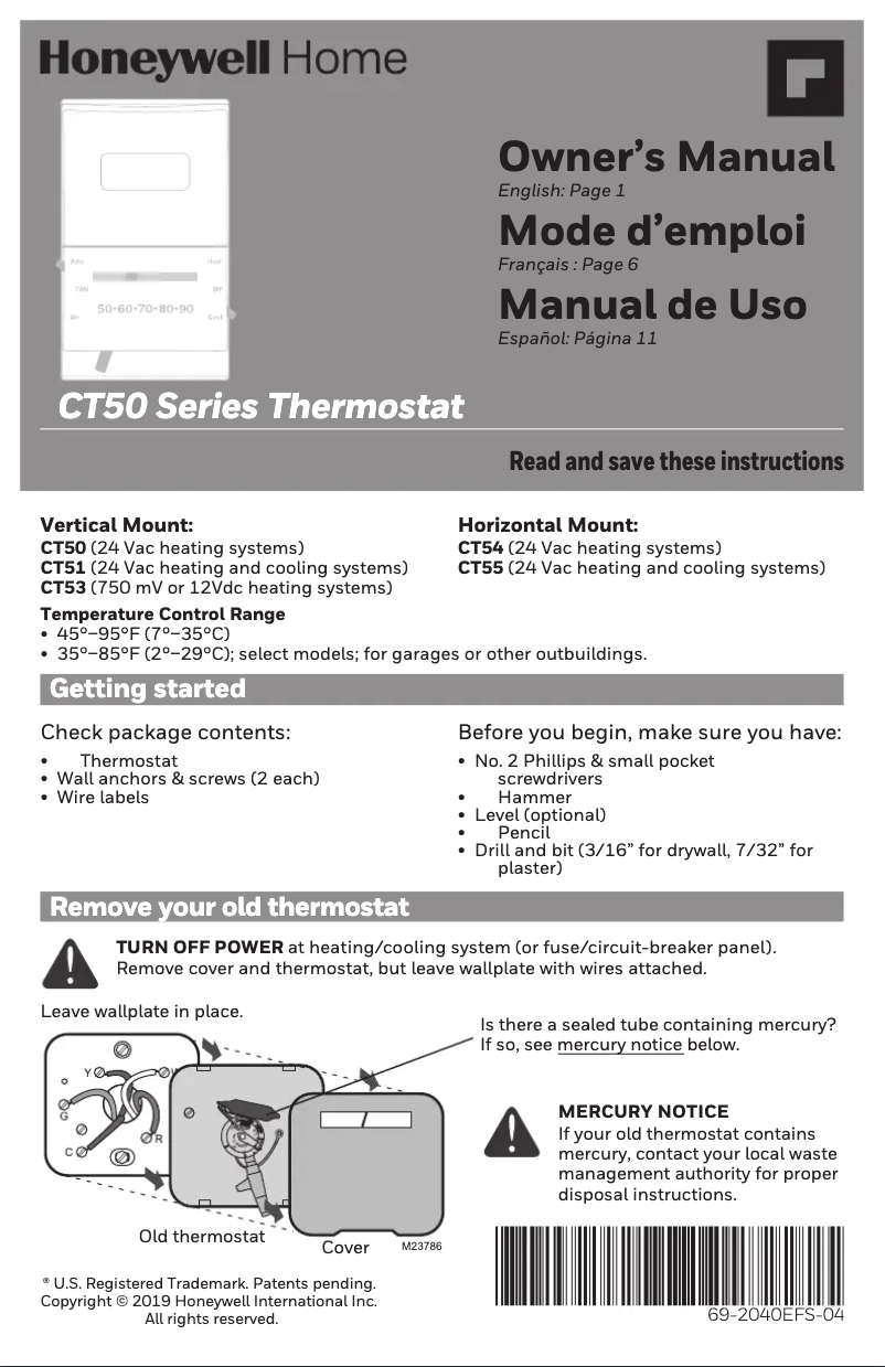 Page 1 de la notice Manuel utilisateur Honeywell CT50K1028/E1
