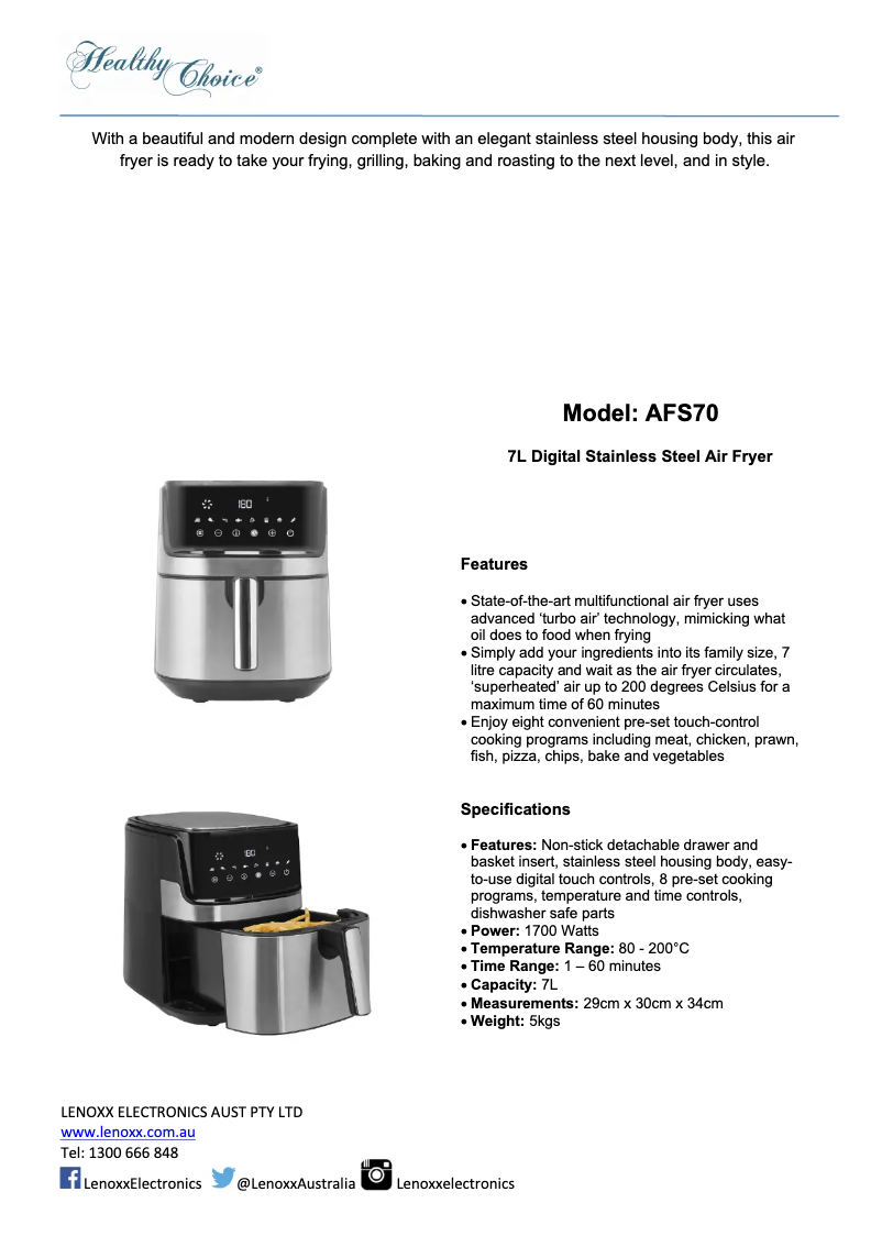 Page 1 de la notice Manuel utilisateur Healthy Choice AFS70