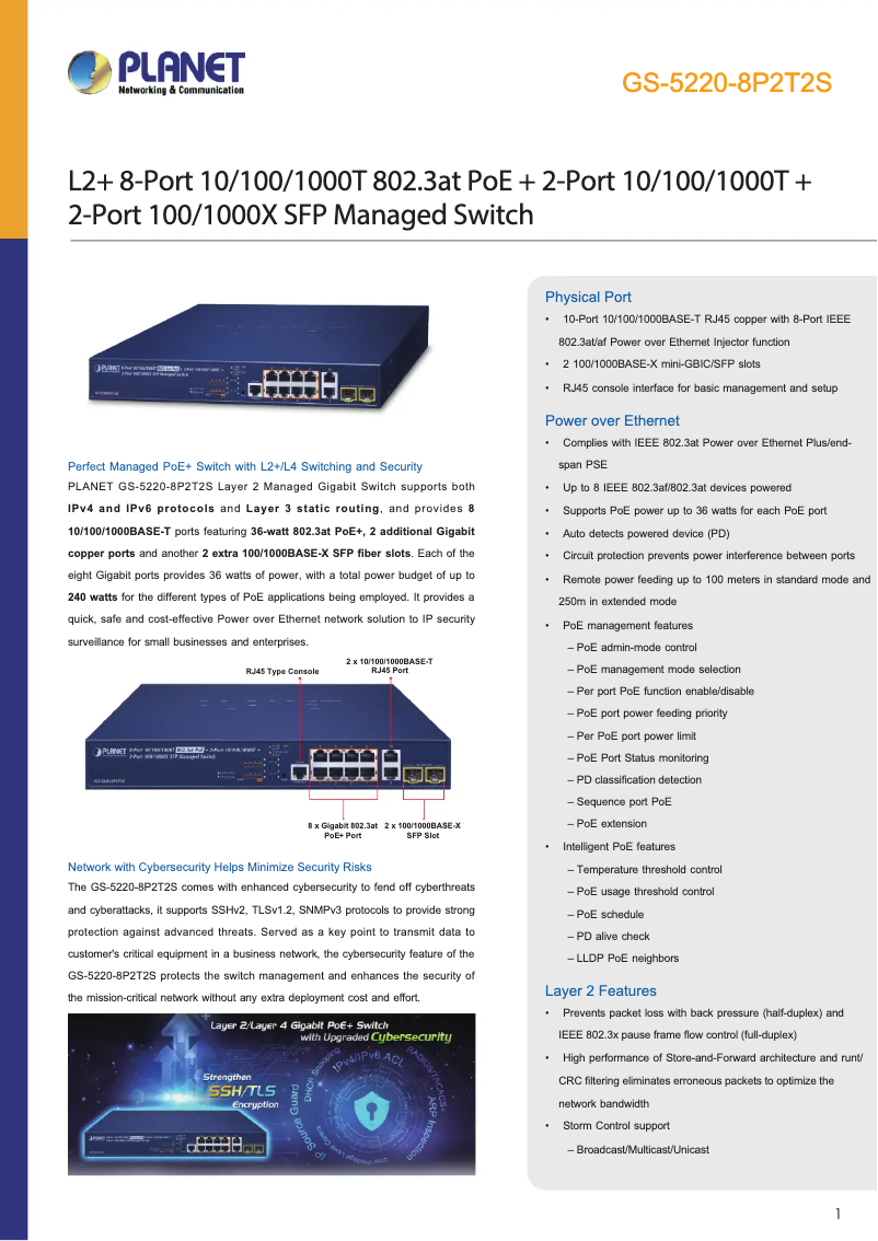 Page 1 de la notice Fiche technique Planet GS-5220-8P2T2S