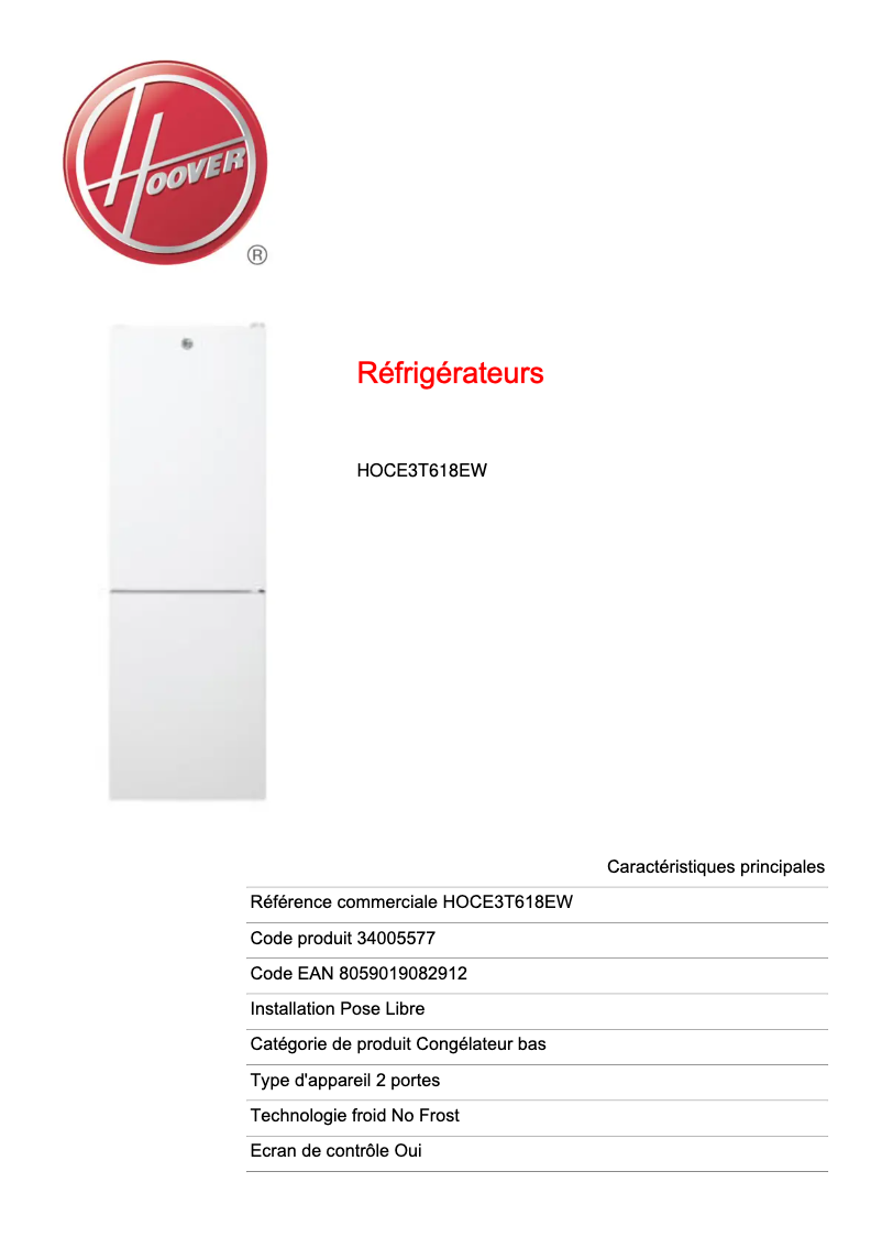 Página 1 del manual Ficha técnica Hoover HOCE3T618EW